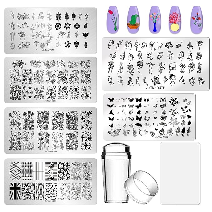 AddFavor Nail Stamper Kit - 6pcs Flower Lace Vine Stamping Plates with Silicone Stamper, Scraper & DIY Manicure Stencils