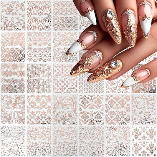 30 Sheets Rose Gold Lace Line Nail Stickers 3D Self Adhesive Nail Art Charms Sticker Decals for Crafts Supplies Accessories (ST-RG)