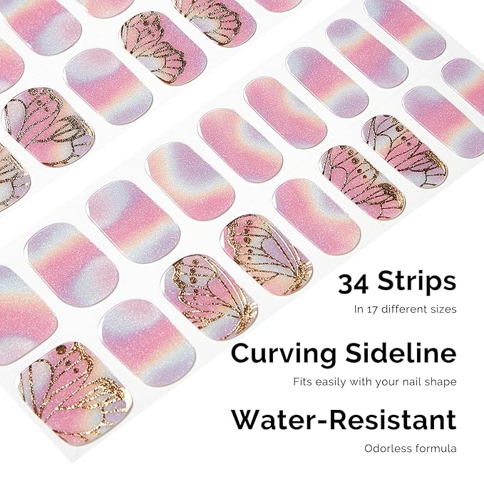 NAILOG 34 Pcs Rainbow Butterfly Gel Nail Strips - Pink Extra Long Nails with Glossy Gel Finishing for Spring Summer, Flying Wings