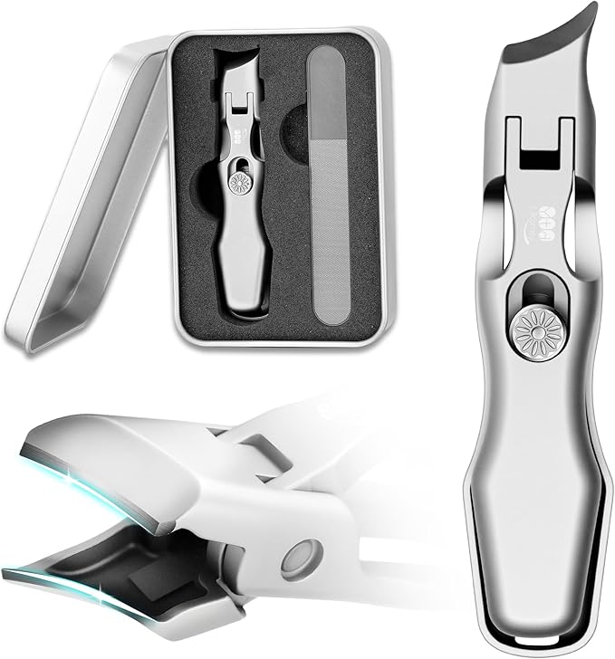YTD Likomey Beveled Wide Jaw Opening Nail Clippers,Long Handled Toenail Clippers for Thick Nails,Ultra-Sharp Fingernail Clipper with Catcher,Nail Cutter with Nano Glass Nail File Set for Seniors