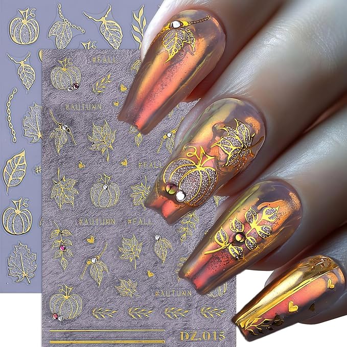 Fall Nail Art Stickers 2 Sheets Gold Pumpkin Nail Decals 3D Self-Adhesive Thanksgiving Day Nails Art Decorations with Glitter Rhinestone Pumpkin Maple Leaf Pattern Nail Decals for Women Holiday DIY
