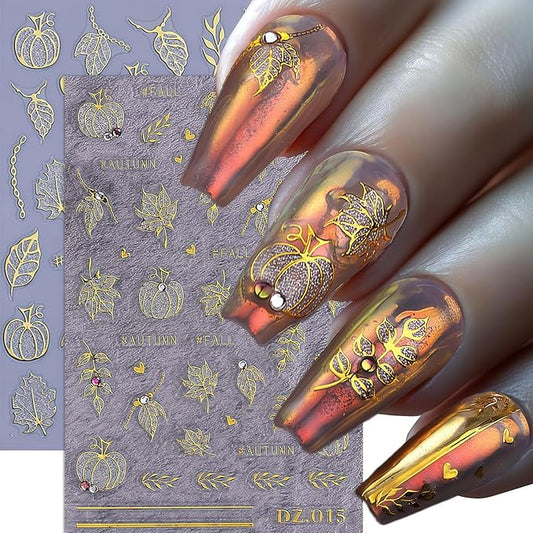Fall Nail Art Stickers 2 Sheets Gold Pumpkin Nail Decals 3D Self-Adhesive Thanksgiving Day Nails Art Decorations with Glitter Rhinestone Pumpkin Maple Leaf Pattern Nail Decals for Women Holiday DIY