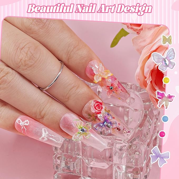 300Pcs Assorted Butterfly Nail Charms Kit, 100Pcs 3D Nail Butterfly Charms and 100Pcs Pearls with 100Pcs Macaron Beads, Colorful Butterflies Tiny Gems Round Beads for Women Manicure Craft DIY