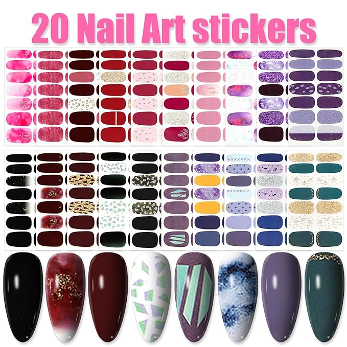 WOKOTO 20 Sheets Cute Colorful Nail Polish Stickers Stick On Nail Polish Strips For Nails Art Polish Stickers With Nail File Gel Nail Wraps Strips Stickers Mix-Design Nail Gel Stickers For Women