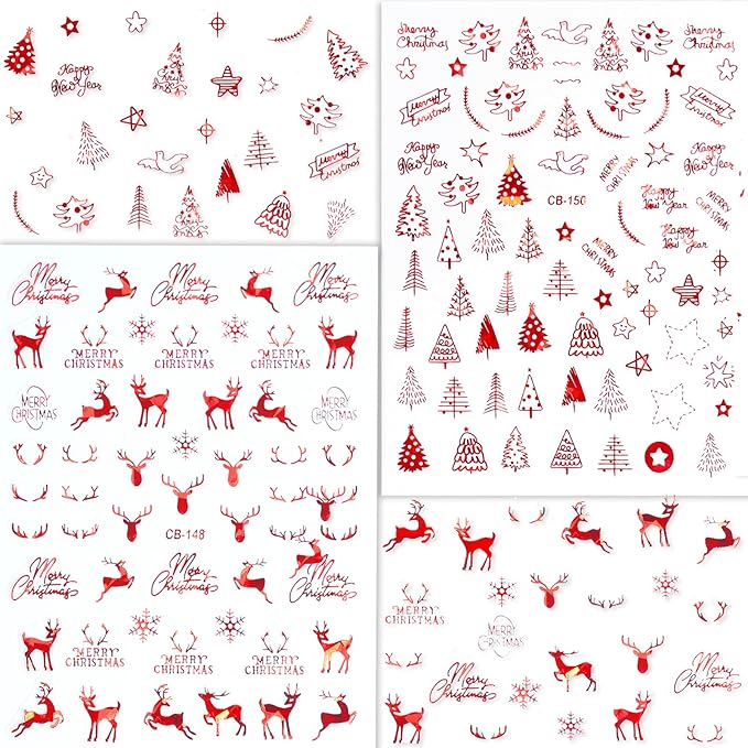 HNUIX Nail Stickers - 3D Christmas, Self Adhesive Nail Decals, Multi Pattern, Red, 9 Sheets, for Nail Art