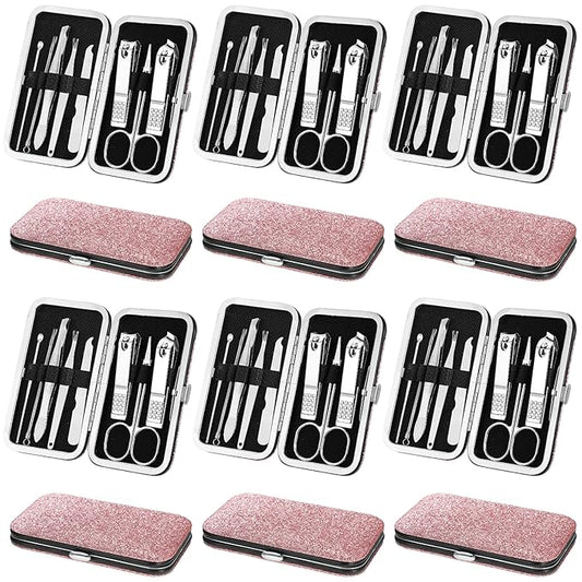 Geosar 12 Sets Manicure Set Nail Clippers Pedicure Kit 8 in 1 Grooming Stainless Steel Kits Nail Care Tools with Travel Case Xmas Gifts Christmas Stocking Stuffers for Men Women(Glitter Pink)