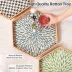 Hexagon Rattan Tray with Mother of Pearl Inlay, Rattan Serving Tray - Image 2