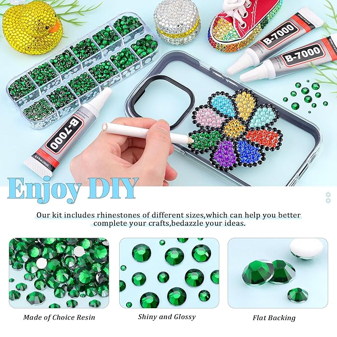 6000Pcs Resin Rhinestones for Bedazzling with 3Pcs B7000 Jewelry Glue, 1 Box Emerald Green Flatback Rhinestones for Crafting Crafts DIY, Crystals Gems for Clothing Shoes Tumblers Nail Art Makeup