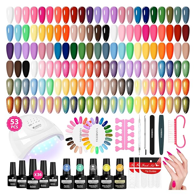 VANREESA Gel Nail Polish Kit with U V Light 52 Pcs Gel Polish Nail Set 36 Popular Colors Nail Polish Set + Base and 3 Effects Top Coat with Manicure Tools Complete Nail Kit Gifts for Women Girls