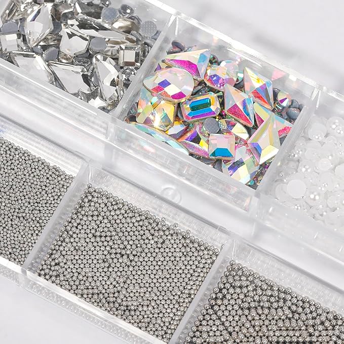 3D Nail Art Charms Silver Grey Nail Micro Caviar Beads Rhinestones for Acrylic Nails Mix Size Multishape AB Nail Rhinestones Nail Crystal Studs Flatback Pearl Kit for Nail DIY Craft Decoration