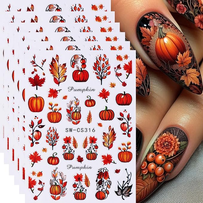 Fall Nail Art Stickers Decals 6Pcs Pumpkin Maple Leaves Nail Decals 3D Self-Adhesive Autumn Fallen Leaves Nail Stickers Cute Harvest Thanksgiving Day Manicure Sliders for Women Nails Art Decorations