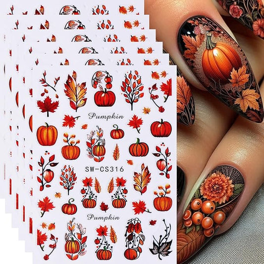Fall Nail Art Stickers Decals 6Pcs Pumpkin Maple Leaves Nail Decals 3D Self-Adhesive Autumn Fallen Leaves Nail Stickers Cute Harvest Thanksgiving Day Manicure Sliders for Women Nails Art Decorations