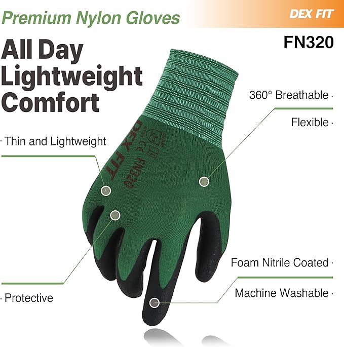 DEX FIT Premium Nylon Nitrile Work Gloves FN320, 3 Pairs, 3D-Comfort Stretchy Fit, Firm Grip, Thin & Lightweight, Durable, Breathable & Cool, Machine Washable; Forest Green 7 (S)