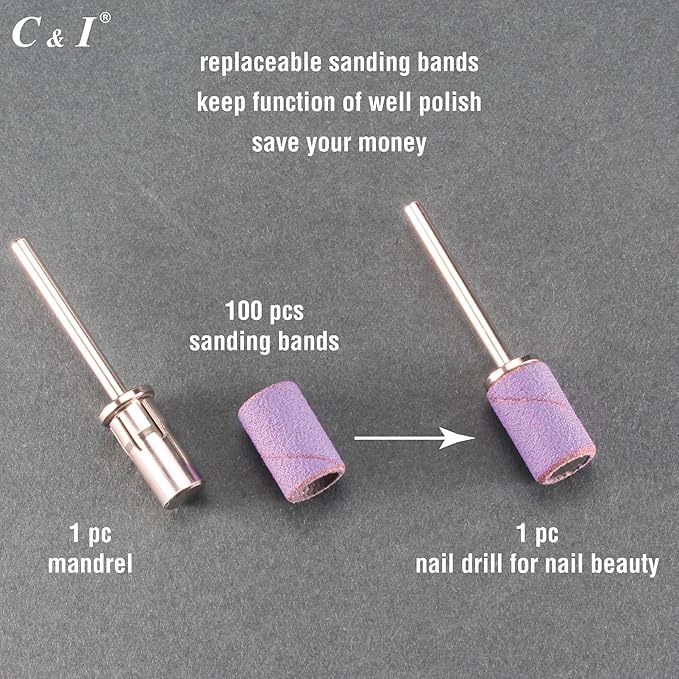 C & I Nail Sanding Bands 100 PCS Plus Upgrade Mandrel 1 PC, Nail Drill Bits for Acrylic Gel Nails Remove, Natural Nails Buffer for Nail Prep and Nail Shiner (Pink, #180 Fine)