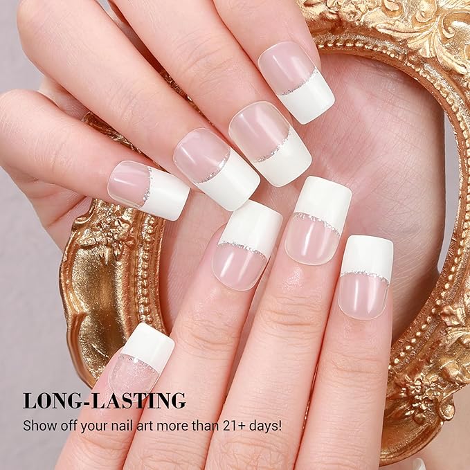 MelodySusie Semi Cured Gel Nail Strips (White French Tips), 20 PCS Classic Gel Nail Stickers, UV Light Required, Durable & Salon Quality