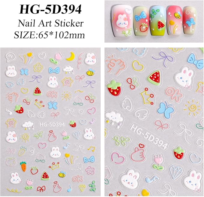 8 Sheets Kids Nail Stickers for Nail Art, 5D Embossed Self-Adhesive Flower Rainbow Dog Fruits Cherry Nail Decals, Cute Nail Supplies Designs Accessories for Women Girls Toddler Manicure DIY Decoration