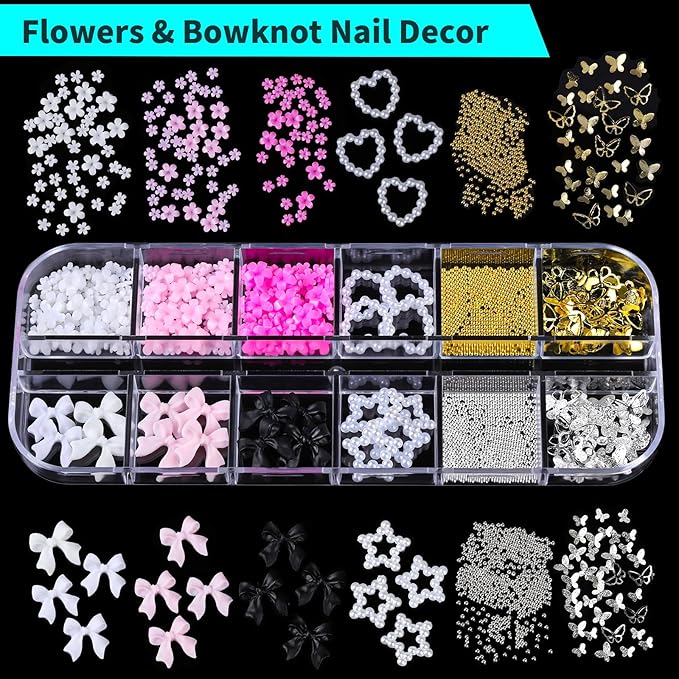 Teenitor Nail Charms and Gems Nail Art Tools, 3 Box 3D Flower Nail Charms for Nails Design Tools, Nail Pearls Nails Supplies, Butterfly Bow Nail Charms Nail Decor 3D Nail Art Kit