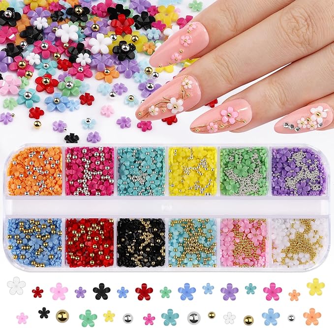 3D Colorful Flower Nail Charms with Gold Silver Metal Caviar Beads Cherry Blossom Petal Spring Nail Art Charms Acrylic Floral Studs for Women DIY Manicure Crafts (1-S1-Solid)