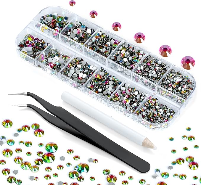 Nibiru 3992 Pieces Art Nail Rhinestones Flat Back Gems Round Crystal Rhinestones 6 Sizes with Pick Up Tweezer Vitrail Medium