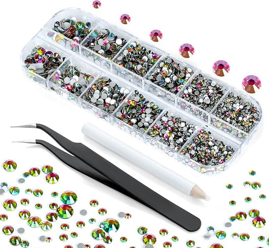 Nibiru 3992 Pieces Art Nail Rhinestones Flat Back Gems Round Crystal Rhinestones 6 Sizes with Pick Up Tweezer Vitrail Medium