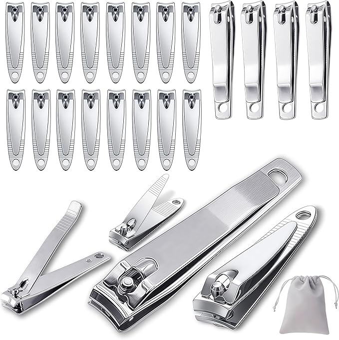 20-Pack Stainless Steel Fingernail Toenail Nail Clippers Bulk Set - 16 Small +4 Medium Size Nail Care Set Toe & Finger Nail Clipper for Men/Women Travel, Homeless Care Supplies