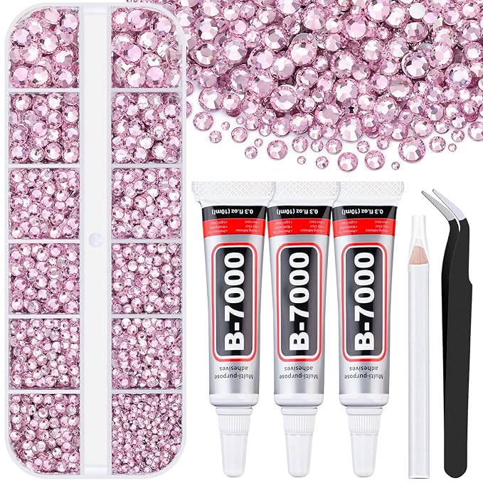 6000Pcs Resin Rhinestones for Bedazzling with 3Pcs B7000 Jewelry Glue, 1 Box Light Pink Flatback Rhinestones for Crafting Crafts DIY, Crystals Gems for Clothing Shoes Tumblers Nail Art Makeup