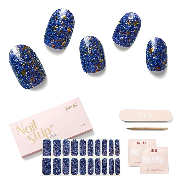 NAILOG Semi Cured Gel Strips - 20 Pcs Nail Stickers | Buy 2 Get 1 UV Light | Extra Long Wraps With Glossy Gel Finishing Glitter, Blue Glam