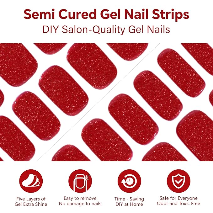 Semi Cured Gel Nail Strips(Red Fine Glitter), UV Light Required, Salon Quality, Easy to Apply & Remove, DIY Nail Art Kits for Women at Home