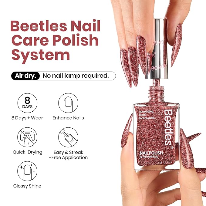 Beetles Red Nail Polish, Quick Dry Nail Polish, 1Pcs 15ml Glitter Sparkle Burgundy Red Nail Polish Fast Drying & Long Lasting Spring Valentines Nail Polish Salon DIY at Home