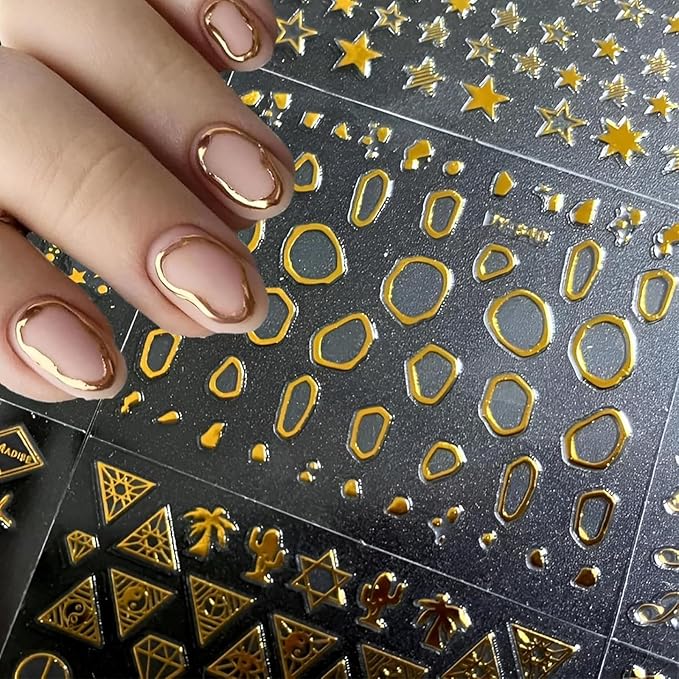 30 Sheets Gold Nail Art Stickers 3D Self-Adhesive Gold Stars Snowflakes Shiny Acrylic Heart Shape Line Design Suitable for Ladies Girls Nail Art Decoration