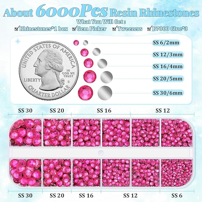 6000Pcs Resin Rhinestones for Bedazzling with 3Pcs B7000 Jewelry Glue, 1 Box Hot Pink Flatback Rhinestones for Crafting Crafts DIY, Crystals Gems for Clothing Shoes Tumblers Nail Art Makeup