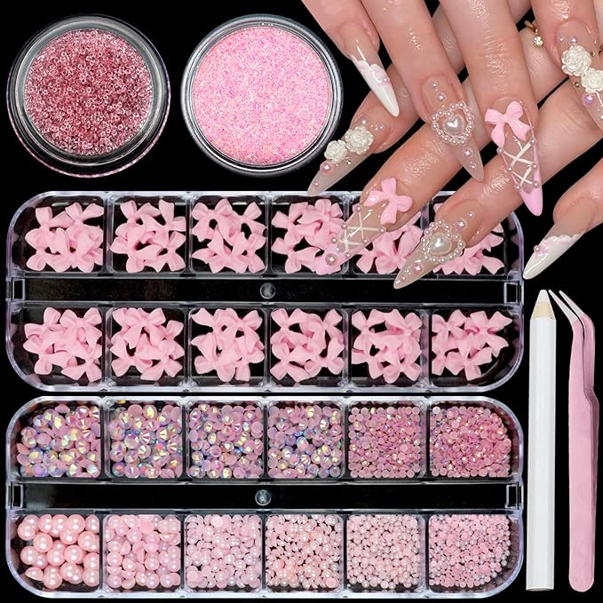 Nail Art Rhinestones Pink Bows Nail Charms Resin Clear Jelly Rhinestones Pearls Glitter Supplies Crystal Gems Mimi Diamond Accessories for Women Manicure Decorations Design