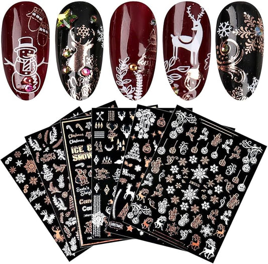 9 Sheets Christmas Nail Art Stickers Decals Self-Adhesive Pegatinas Uñas Rose Gold Snowflake Tree Winter Nail Supplies Nail Art Design Decoration Accessories