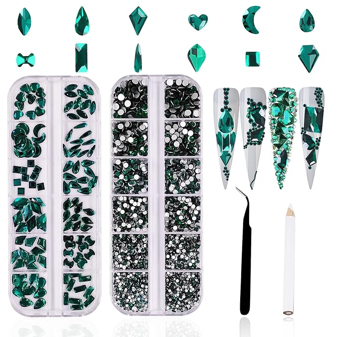 3120Pcs Green Nail Art Rhinestones Crystal,HOINCO Nail Art Crystal Flat Back Nail Diamond Jewels for Nail Art DIY Crafts with Tweezers and Pen