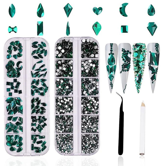 3120Pcs Green Nail Art Rhinestones Crystal,HOINCO Nail Art Crystal Flat Back Nail Diamond Jewels for Nail Art DIY Crafts with Tweezers and Pen