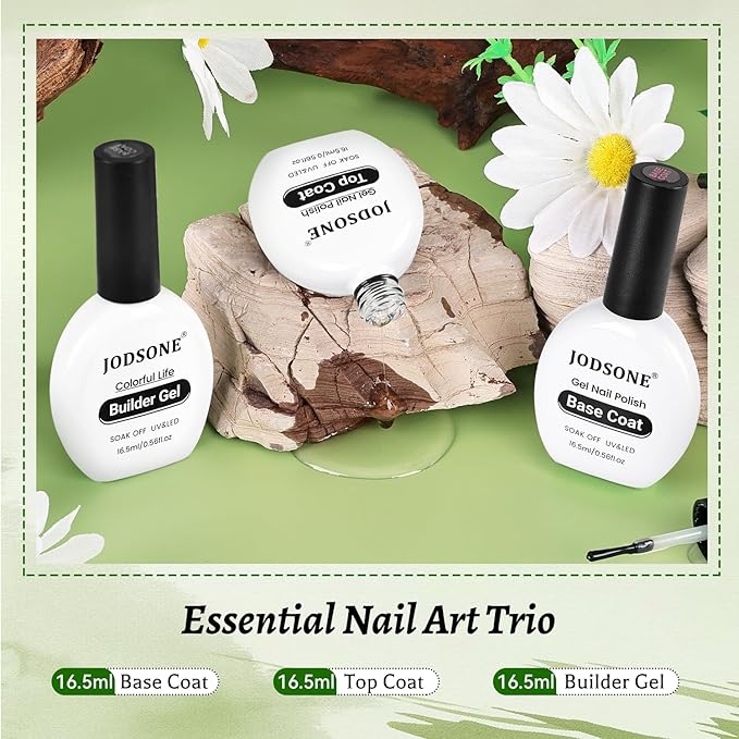 JODSONE 3Pcs 16.5ml Top Coat And Base Coat Set with Builder Gel No Wipe Top Coat Base Gel Builder for Thickening Strengthener Building Extension Need U V Lamp Cured