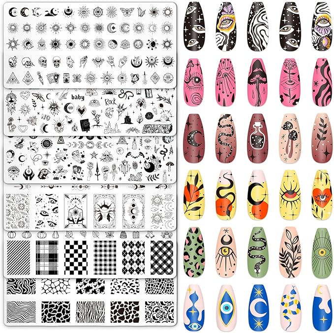 Whaline 6Pcs Gothic Halloween Nail Plates Stamping Set Skull Evil Eye Moon Stamp Templates Halloween Nail Art Plates for DIY Print Manicure Salon Design