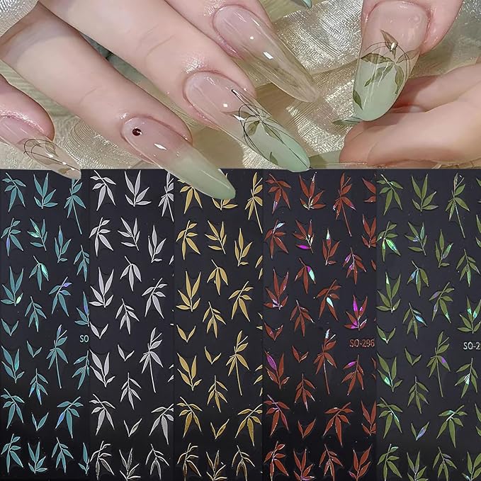 5 Sheets Bamboo Nail Art Stickers 3D Self -Adhesive Colorful Bamboo Nail Decals Holographic Gold Silver Blue Green Orange Nail Sticker Unique Chinese Style Nail Decoration for Women Manicure Supplies