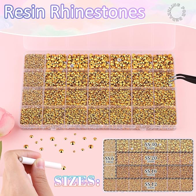 30000Pcs Resin Rhinestones for Bedazzling with 3Pcs B7000 Jewelry Glue, Mine Gold Flatback Gems Rhinestones for Crafting, Clothing Tumblers Mugs Shoes Fabric Decor Nail Art