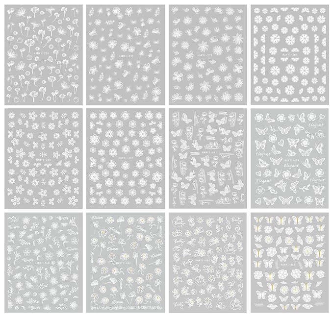 JMEOWIO 12 Sheets Spring White Flower Nail Art Stickers Decals Self-Adhesive Pegatinas Uñas Summer Butterfly Leaf Floral Nail Supplies Nail Art Design Decoration Accessories