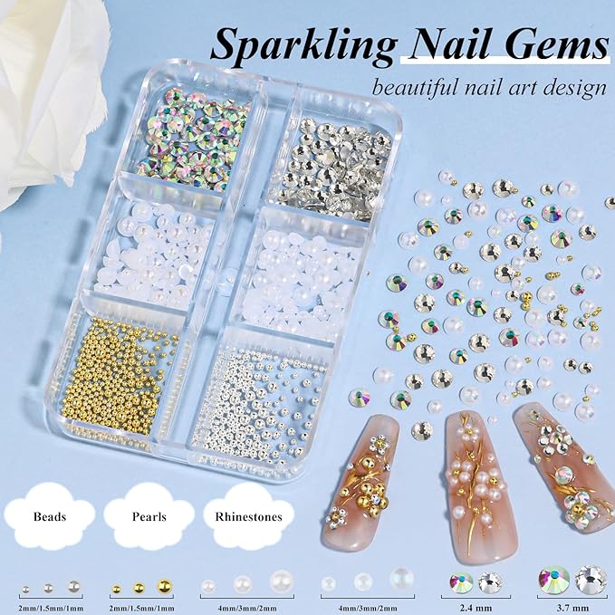 4 Boxes 3D Flower Nail Charms and Gems - Pink Nail Flower Charms Crystal AB Clear Gemstones Silver/Gold Caviar Beads White/AB Pearls for Women DIY Manicure Crafts (18-S4-Pink)