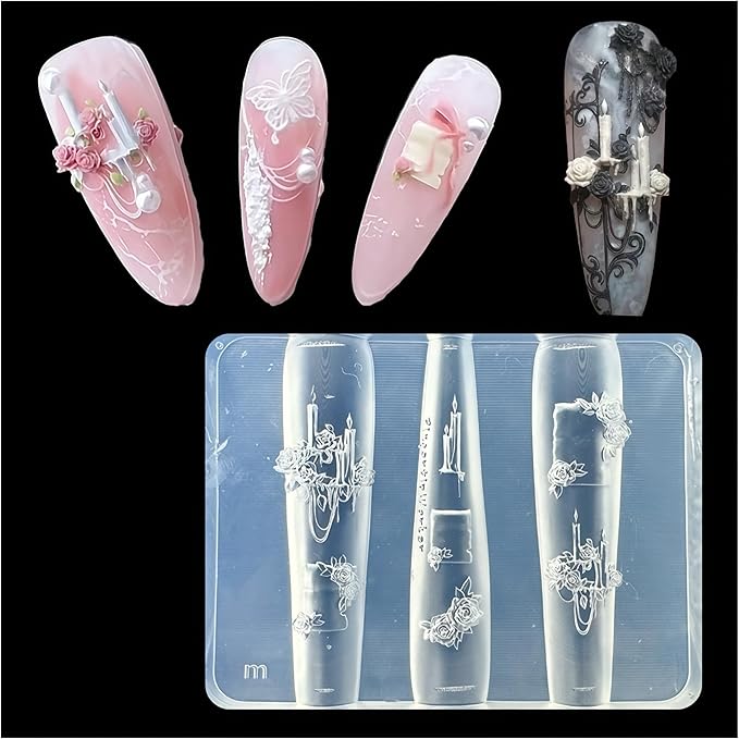3D Envelope Nail Art Molds Candle Flower Design, Silicone Nails Tool Y2k Decoration