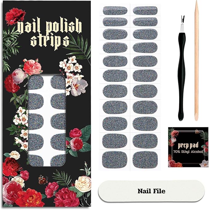 Nail Polish Strips - 22 Pcs Salon Quality Gel Nail Stickers - Long Lasting Wraps (Mystery Black Glitter)