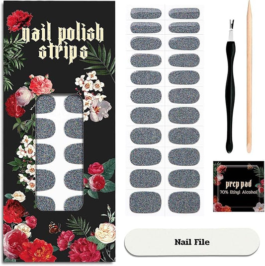 Nail Polish Strips - 22 Pcs Salon Quality Gel Nail Stickers - Long Lasting Wraps (Mystery Black Glitter)