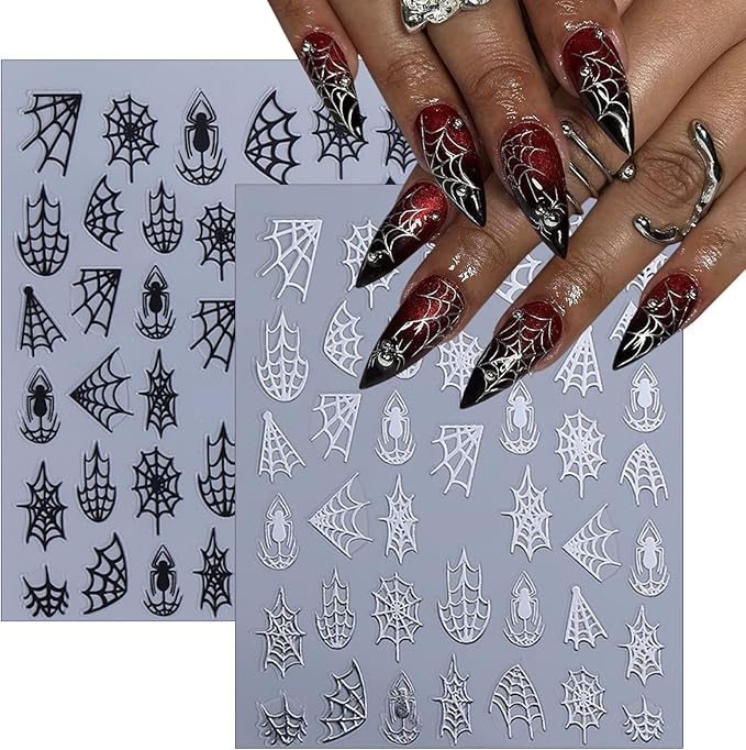 8 Sheets Halloween Nail Art Stickers 3D Self-Adhesive Spider Web Nail Stickers White Black Red Gold Laser Silver Spider Design Nail Decals for Women Girls Scary Halloween Manicure Decoration