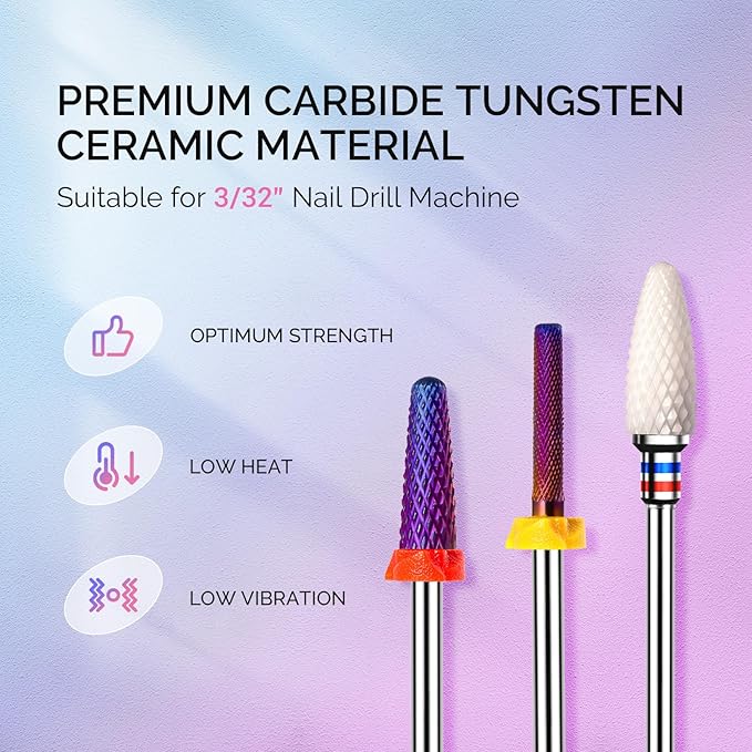 MelodySusie 3Pcs Nail Drill Bits Set, 3/32'' Carbide Tungsten Ceramic Bits, Flame, Nature Nail Buffer and Cone Shape Bits, Suitable for Manicure Pedicure Cuticle Gel Acrylic Remover