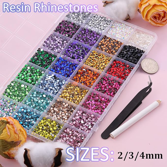 30000Pcs Resin Rhinestones for Crafting, Multicolor 2/3/4mm Flacktback Gems with 1Pcs B7000 Jewelry Glue, Bedazzling Crystal for DIY Crafts Clothing Tumblers Mugs Shoes Fabric Nail Art