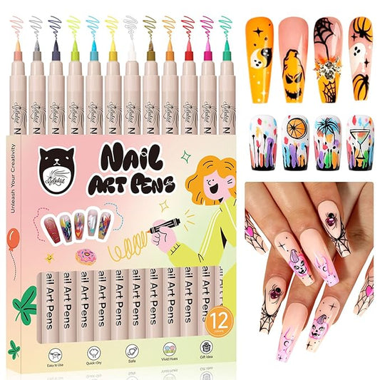12 Colors Nail Art Pens Set, 3D Nail Polish Pens 0.7mm, Quick-Drying&Waterproof Acrylic Paint Markers, Dotting Liner for DIY Nail Design, Home & Salon Manicure Tools, Ideal for Christmas, Halloween