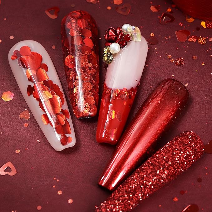 Heart Nail Art Glitter Red Valentines Day Nail Sequins Flakes, Red Manicure fine Glitter Powder, 3D Holographic Round Hexagon Nail Stickers Decals Supplies Nail Charms for Women 6 Box