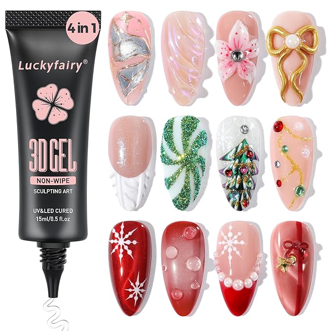 3D Gel Nail Art: 4 in 1 3D Nail Sculpting Gel for Molding, Drawing, Chrome Powder, Rhinestone Charms Glue, No Wipe Clear for DIY Fall Christmas Nail Art at Home, Lamp Curing Needed